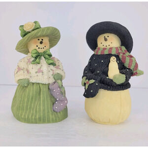 Plum Pudding Snow Woman and Man Candle Holders Hat Sweater Artisan Flair Hykes